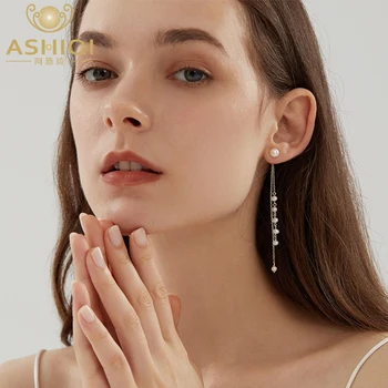 ASHIQI Natūralių gėlavandenių perlų kutas ilgi auskarai nekilnojamojo 925 sterlingas sidabro papuošalai mergina dovanų naujus
