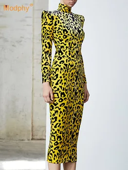 2022 M. Žiemos Naujas Mados Leopardas Spausdinti Ilga Suknelė Elegantiška Moteris Ilgomis Rankovėmis Bodycon Suknelė Įžymybė Vakare Šalies Kilimo Ir Tūpimo Tako Vestidos