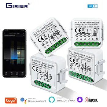 GIRIER Tuya Smart Switch Module 10A Wifi Šviesos Jungikliai 1/2/3/4 Gauja Palaiko 2-Way Kontrolės Darbai su Alexa 