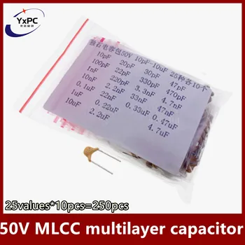 25values*10vnt=250pcs 50V daugiasluoksnės kondensatorius MLCC kIt 5.08 MM 10pF-10uF kondensatorius