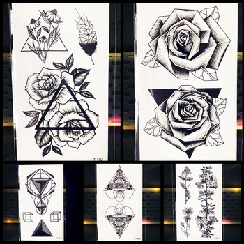 25 Modelio Geometrija Juodoji Rožė, Gėlių Laikinos Tatuiruotės Moterys Mergina Kūno Rankos Krūtinės Pasta Tatuiruotė Lipdukas Trikampis Lapai Netikras, Tatuiruotė