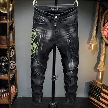 Europos Stiliaus Vyrų plein Prekės Jeans Mens Slim Džinsinio audinio Kelnės Juodos spalvos Džinsus Tiesiai Kaukoles Dviratininkas Hole Black Jeans Kelnės Vyrams